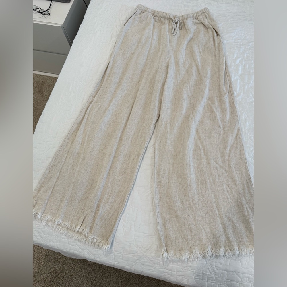 Mahina Linen Beige Wide-Leg Pants